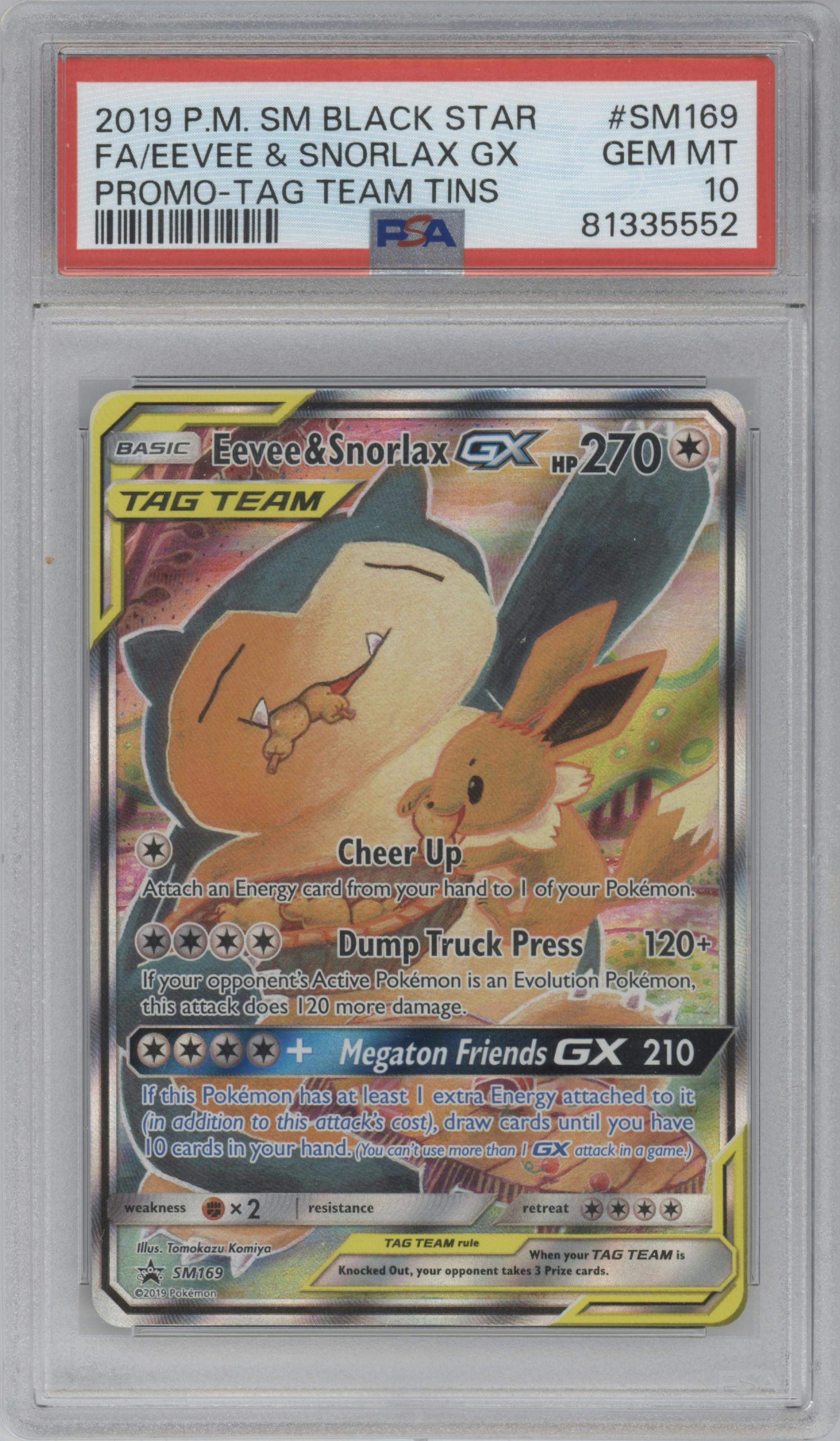 Eevee/Snorlax GX from the 2019 Pokemon S&M  set graded by PSA and given an overall grade of 10.
