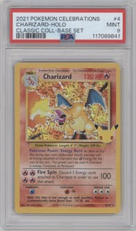 Charizard from the 2021 Pokemon SWSH set featuring a Base Set parallel graded by PSA and given an overall grade of 9.