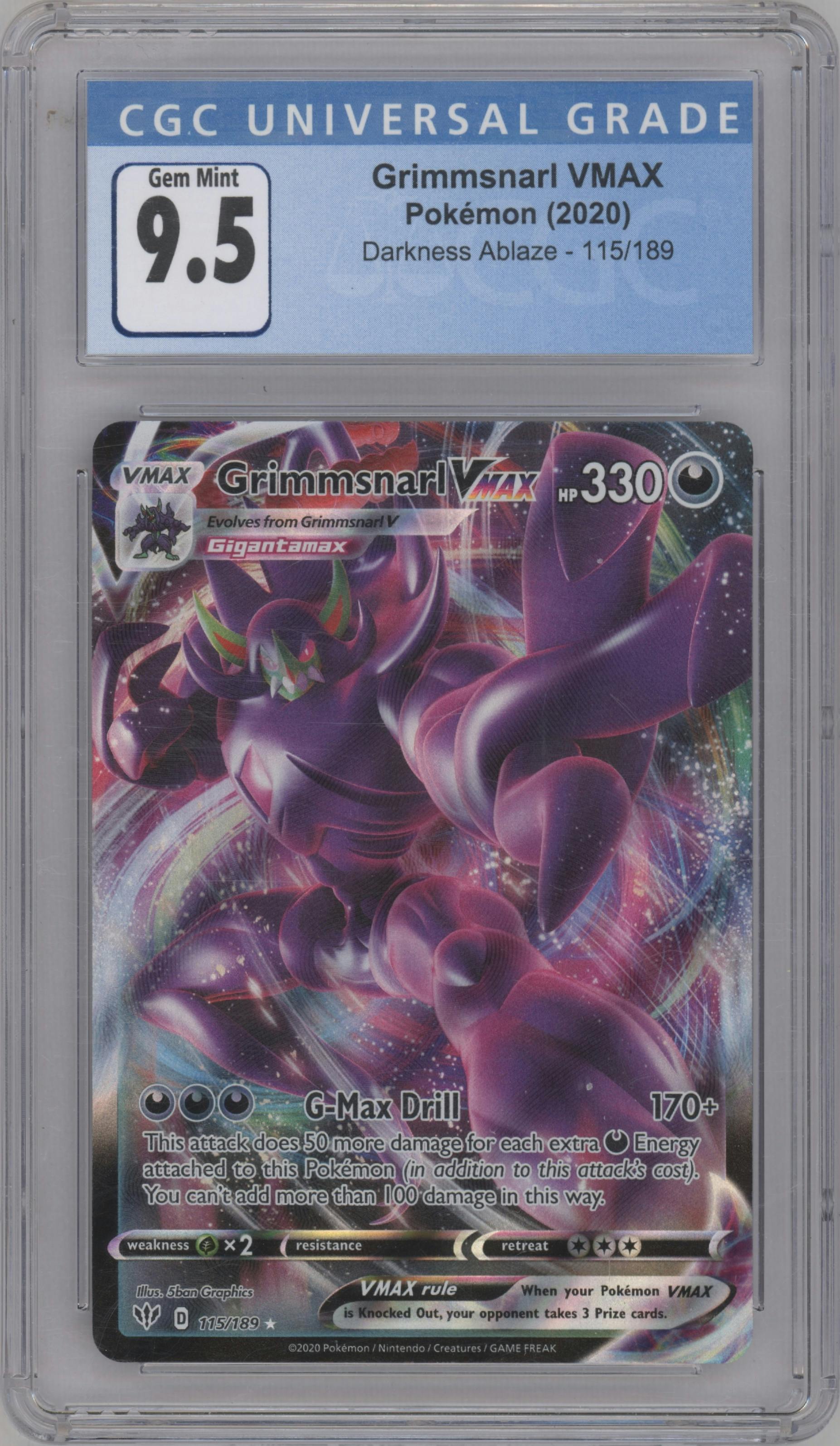 Grimmsnarl VMAX from the 2020 Pokemon SWSH set graded by CSG and given an overall grade of 9.5.
