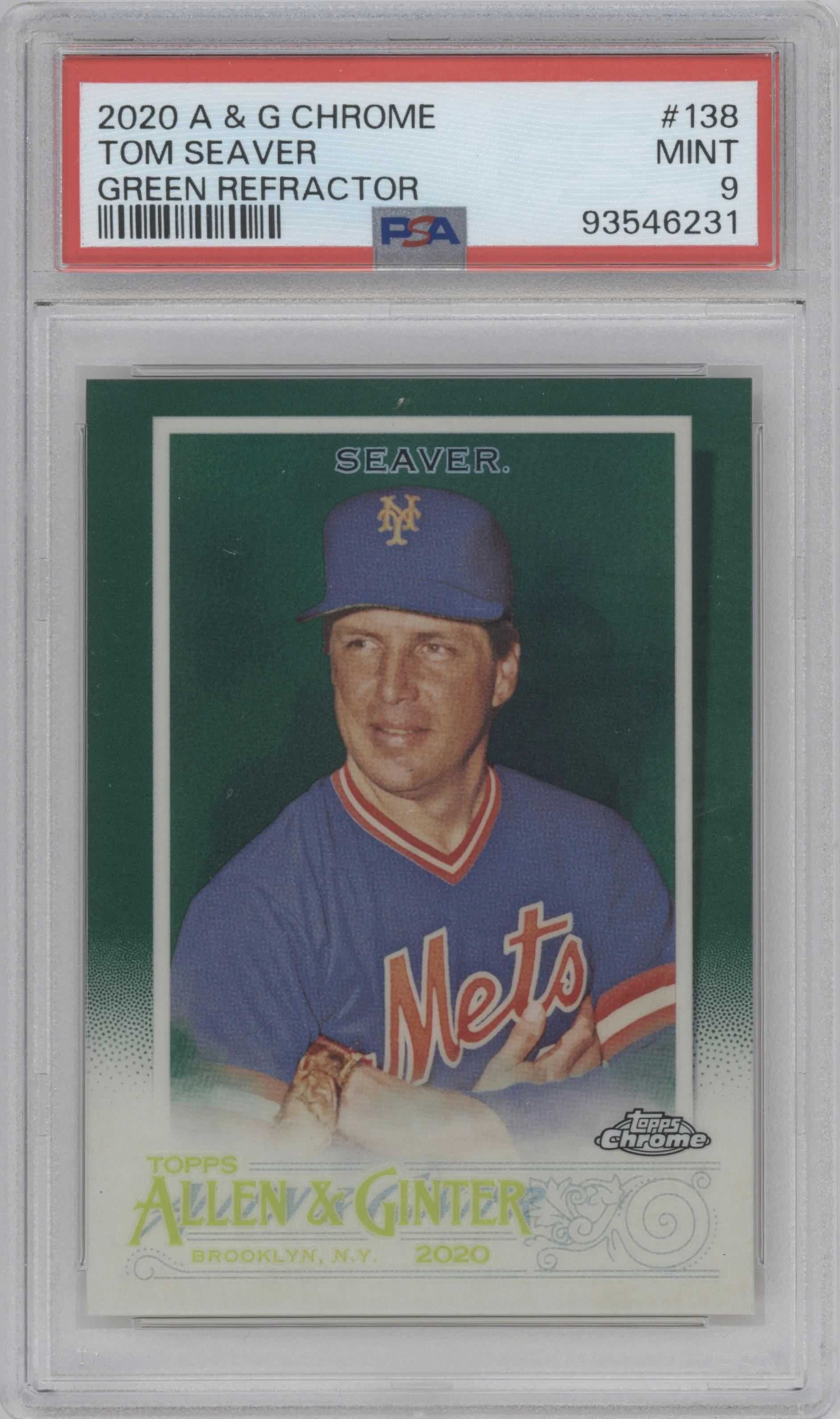 Tom Seaver from the 2020 Topps Allen & Ginter Chrome set featuring a Green Refractor parallel graded by PSA and given an overall grade of 9.