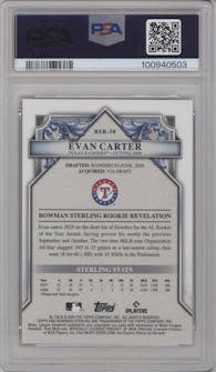 Evan Carter from the 2024 Bowman Sterling set featuring a Red Sterling Scintillate parallel graded by PSA and given an overall grade of 10.