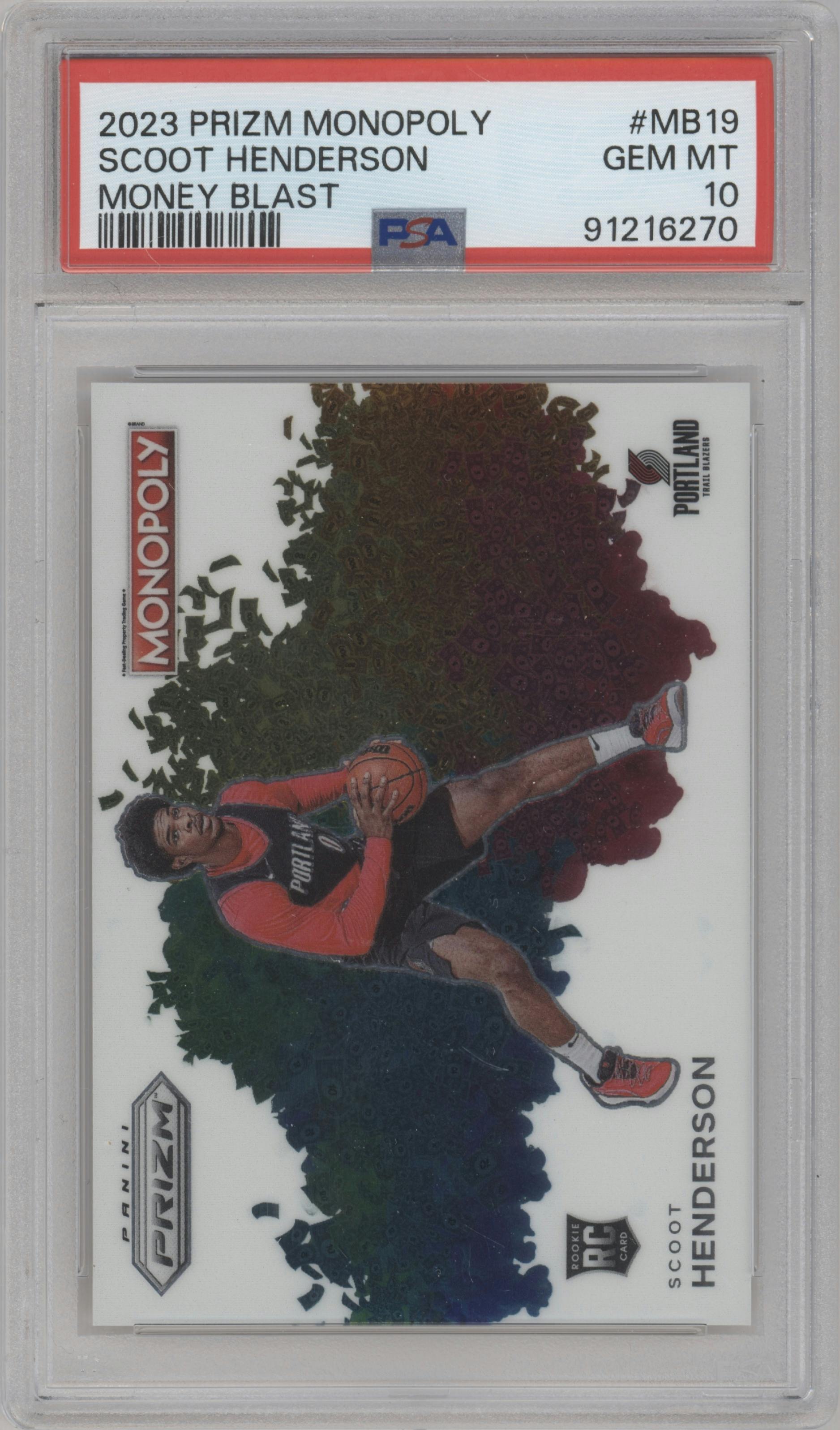 Scoot Henderson  from the 2023-24 Panini Prizm Monopoly set graded by PSA and given an overall grade of 10.