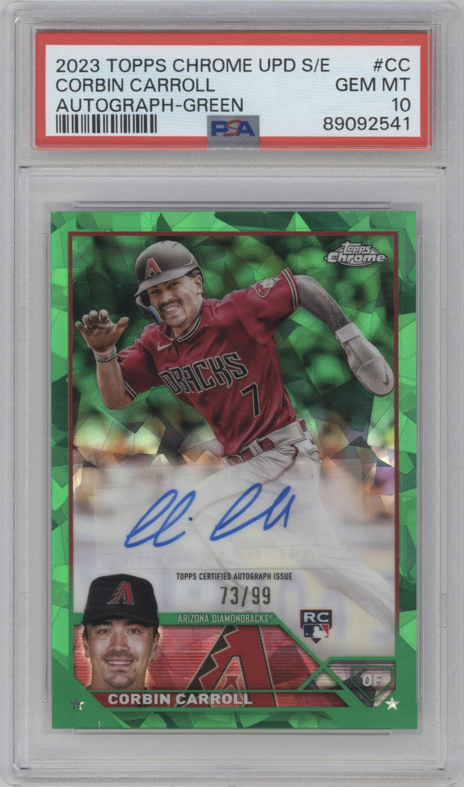 Corbin Carroll from the 2023 Topps Chrome Update Series Sapphire Edition set featuring a Green parallel graded by PSA and given an overall grade of 10.