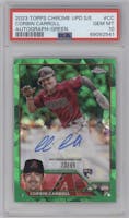 Corbin Carroll from the 2023 Topps Chrome Update Series Sapphire Edition set featuring a Green parallel graded by PSA and given an overall grade of 10.