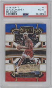 Bilal Coulibaly from the 2023-24 Panini Select  set featuring a Tri-Color Prizm parallel graded by PSA and given an overall grade of 8.