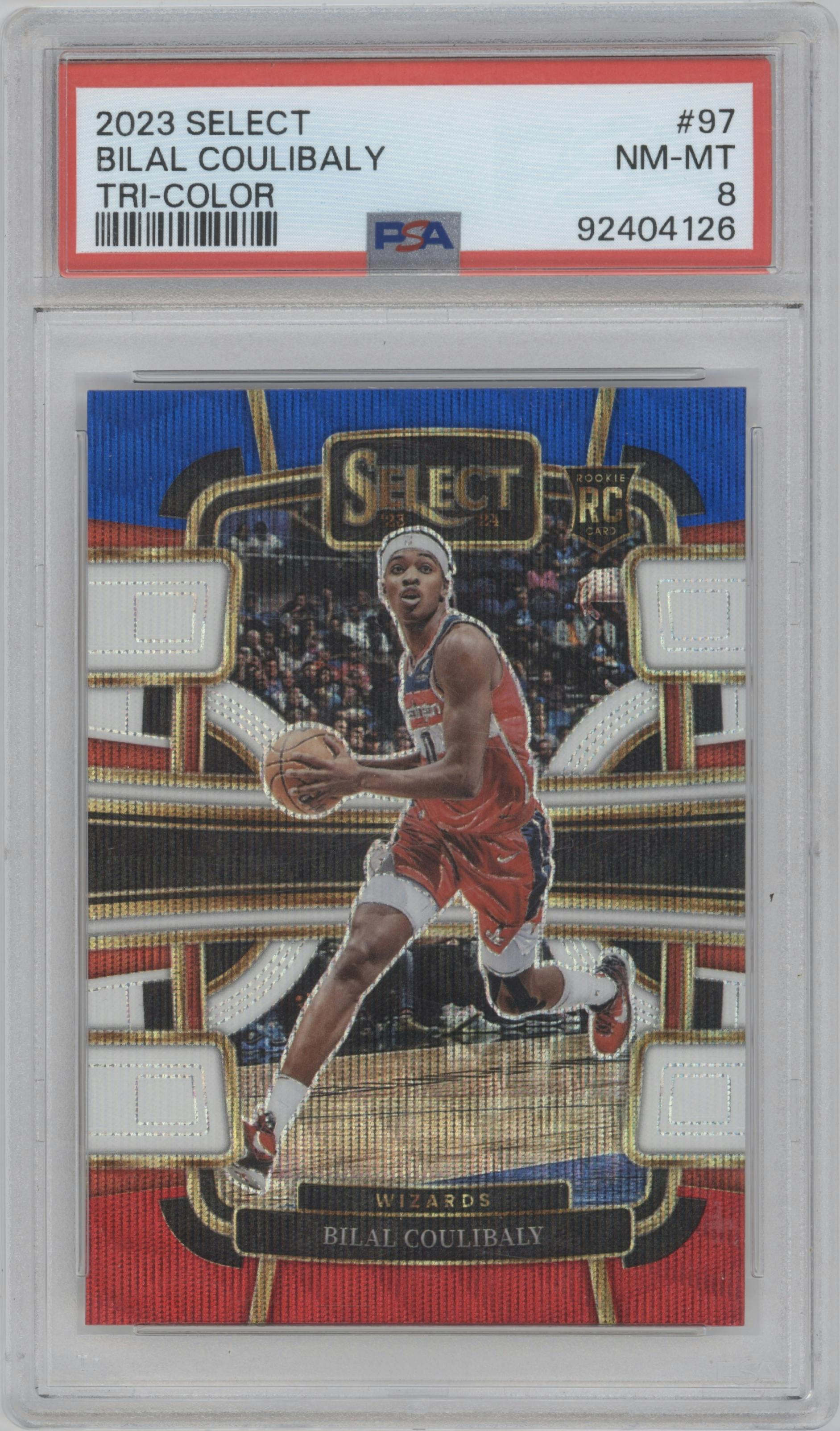 Bilal Coulibaly from the 2023-24 Panini Select  set featuring a Tri-Color Prizm parallel graded by PSA and given an overall grade of 8.