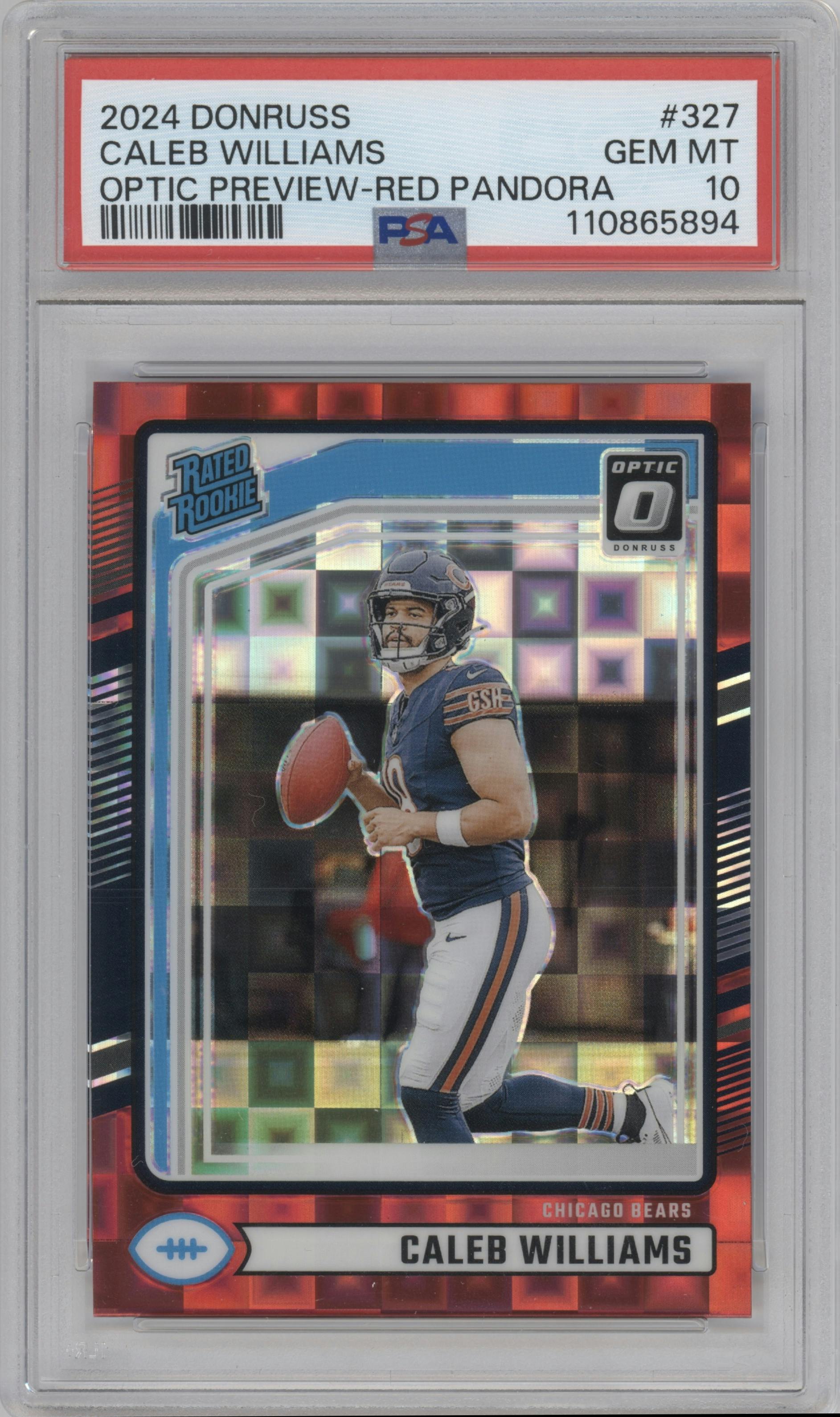 Caleb Williams from the 2024 Donruss set featuring a Red Pandora parallel graded by PSA and given an overall grade of 10.