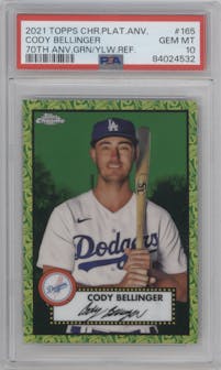 Cody Bellinger from the 2021 Topps Chrome Platinum Anniversary set featuring a Green/Yellow 70th Refractor parallel graded by PSA and given an overall grade of 10.