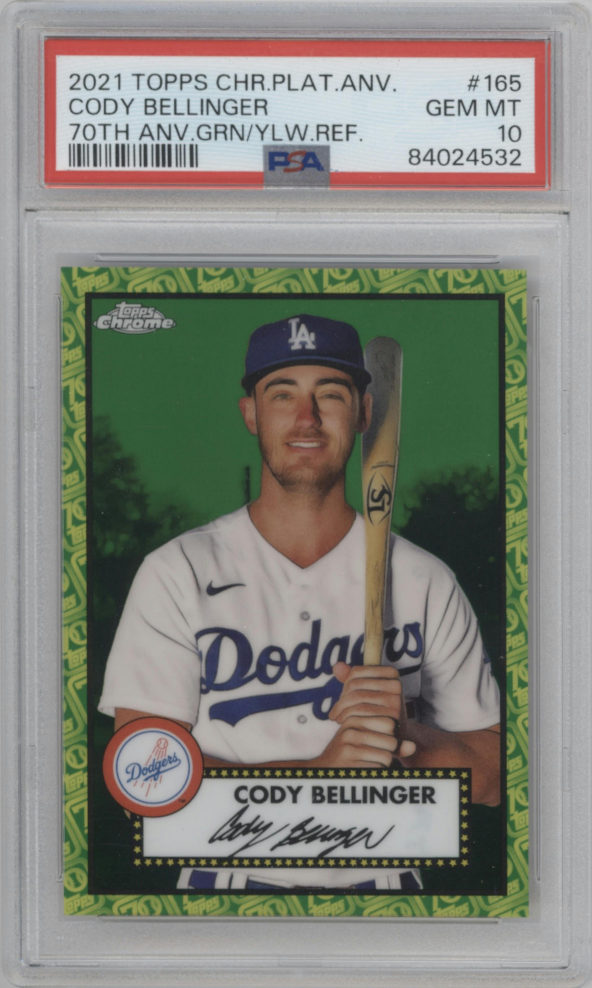 Cody Bellinger from the 2021 Topps Chrome Platinum Anniversary set featuring a Green/Yellow 70th Refractor parallel graded by PSA and given an overall grade of 10.
