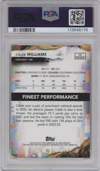 Caleb Williams from the 2024 Finest set featuring a Oil Spill Geometric Refractor parallel graded by PSA and given an overall grade of 9.