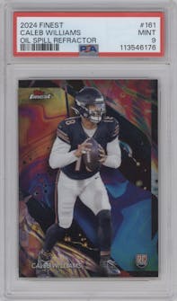 Caleb Williams from the 2024 Finest set featuring a Oil Spill Geometric Refractor parallel graded by PSA and given an overall grade of 9.