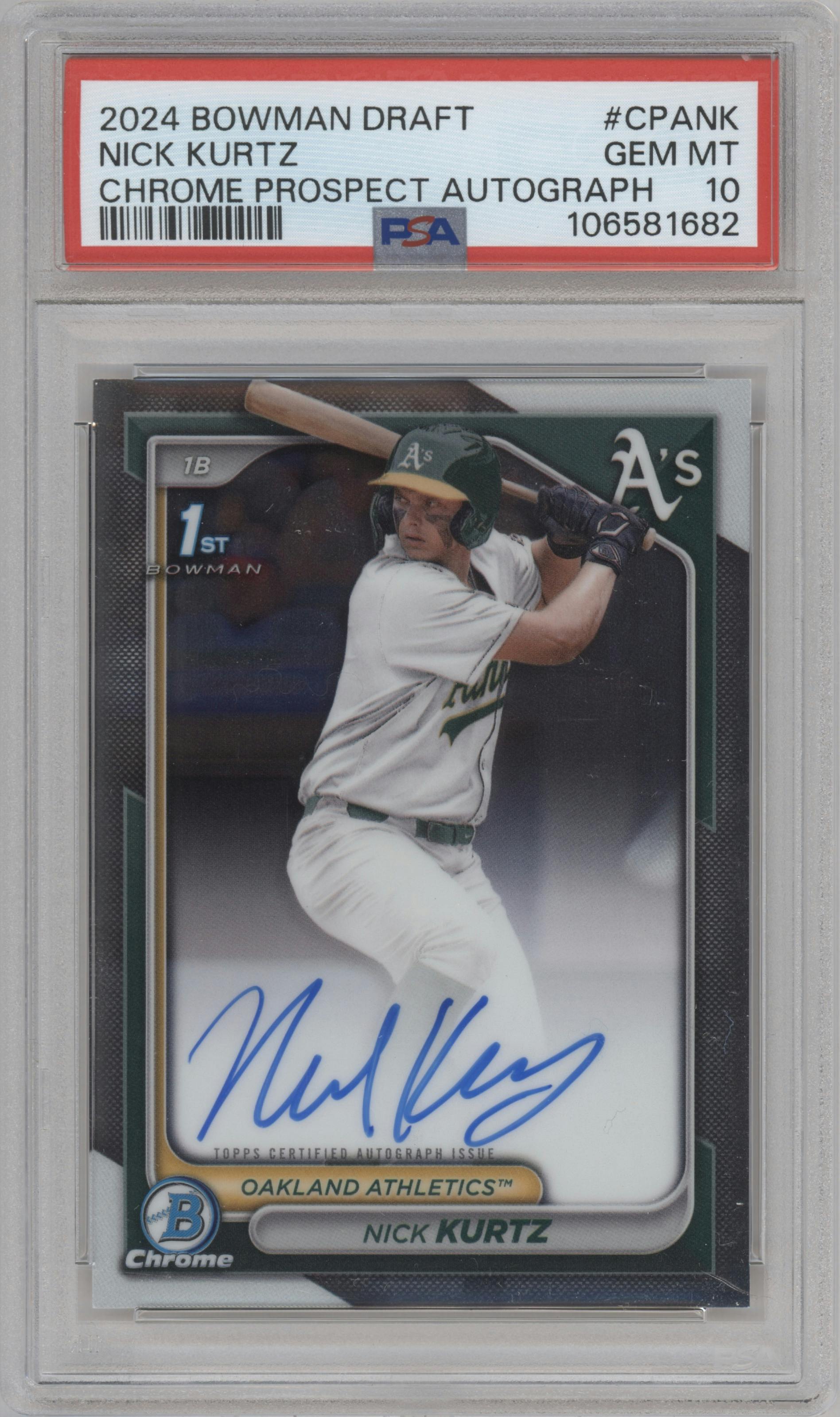 Nick Kurtz from the 2024 Bowman Draft set graded by PSA and given an overall grade of 10.