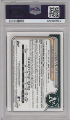 Nick Kurtz from the 2024 Bowman Draft set graded by PSA and given an overall grade of 10.