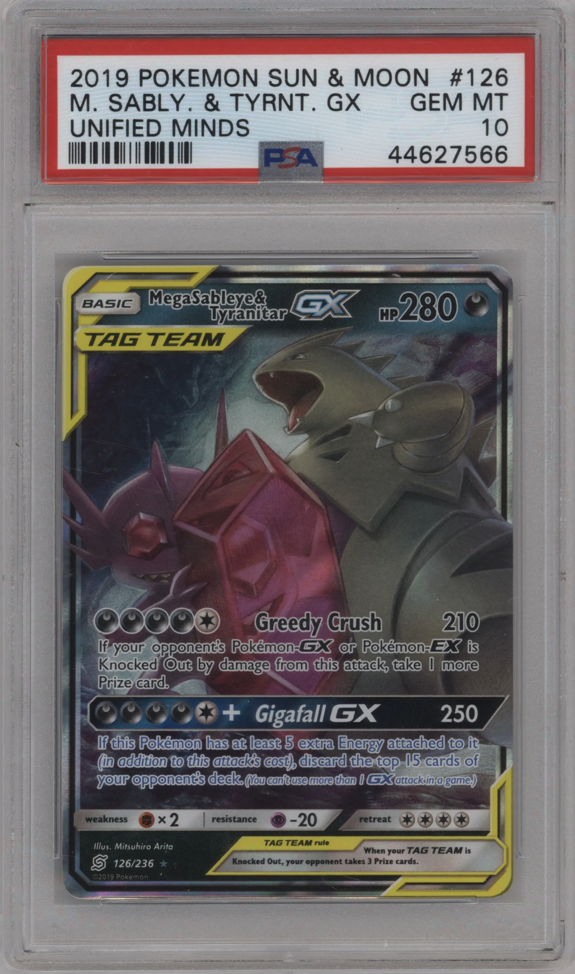 2019 Pokemon S&M Unified Minds Mega Sableye/Tyranitar GX #126 PSA 10