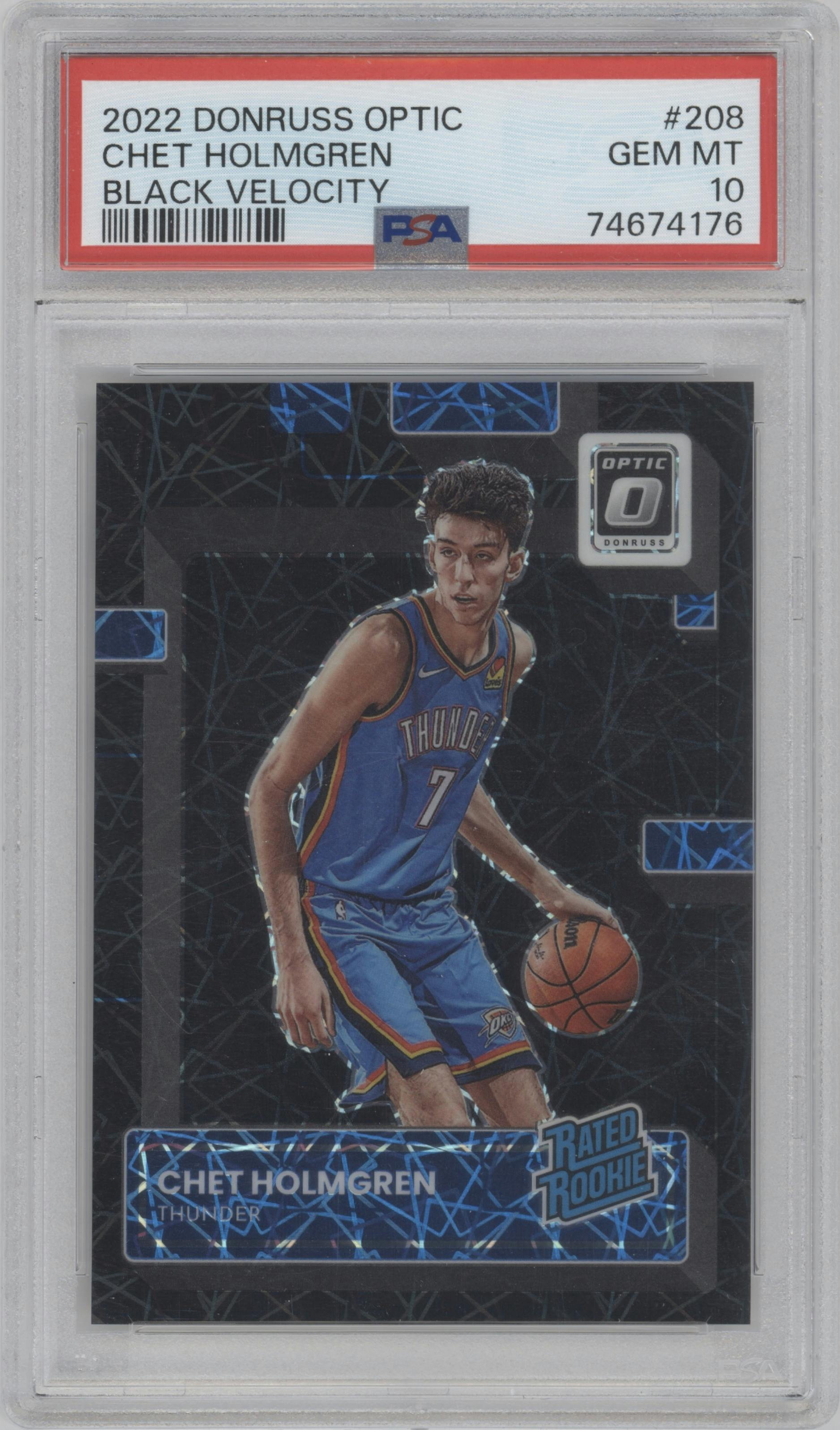 Chet Holmgren from the 2022-23 Panini Donruss Optic  set featuring a Black Velocity parallel graded by PSA and given an overall grade of 10.