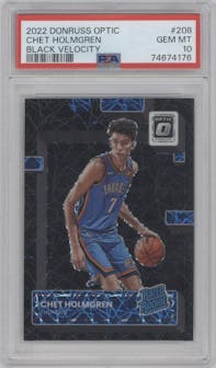 Chet Holmgren from the 2022-23 Panini Donruss Optic set featuring a Black Velocity parallel graded by PSA and given an overall grade of 10.
