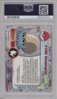 Omanyte from the 2000 Topps Chrome set featuring a Spectra parallel graded by PSA and given an overall grade of 10.