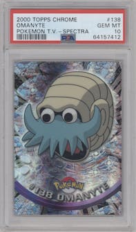Omanyte from the 2000 Topps Chrome set featuring a Spectra parallel graded by PSA and given an overall grade of 10.