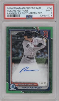 Roman Anthony from the 2024 Bowman Chrome Mega Box set featuring a Green Refractor parallel graded by PSA and given an overall grade of 9.