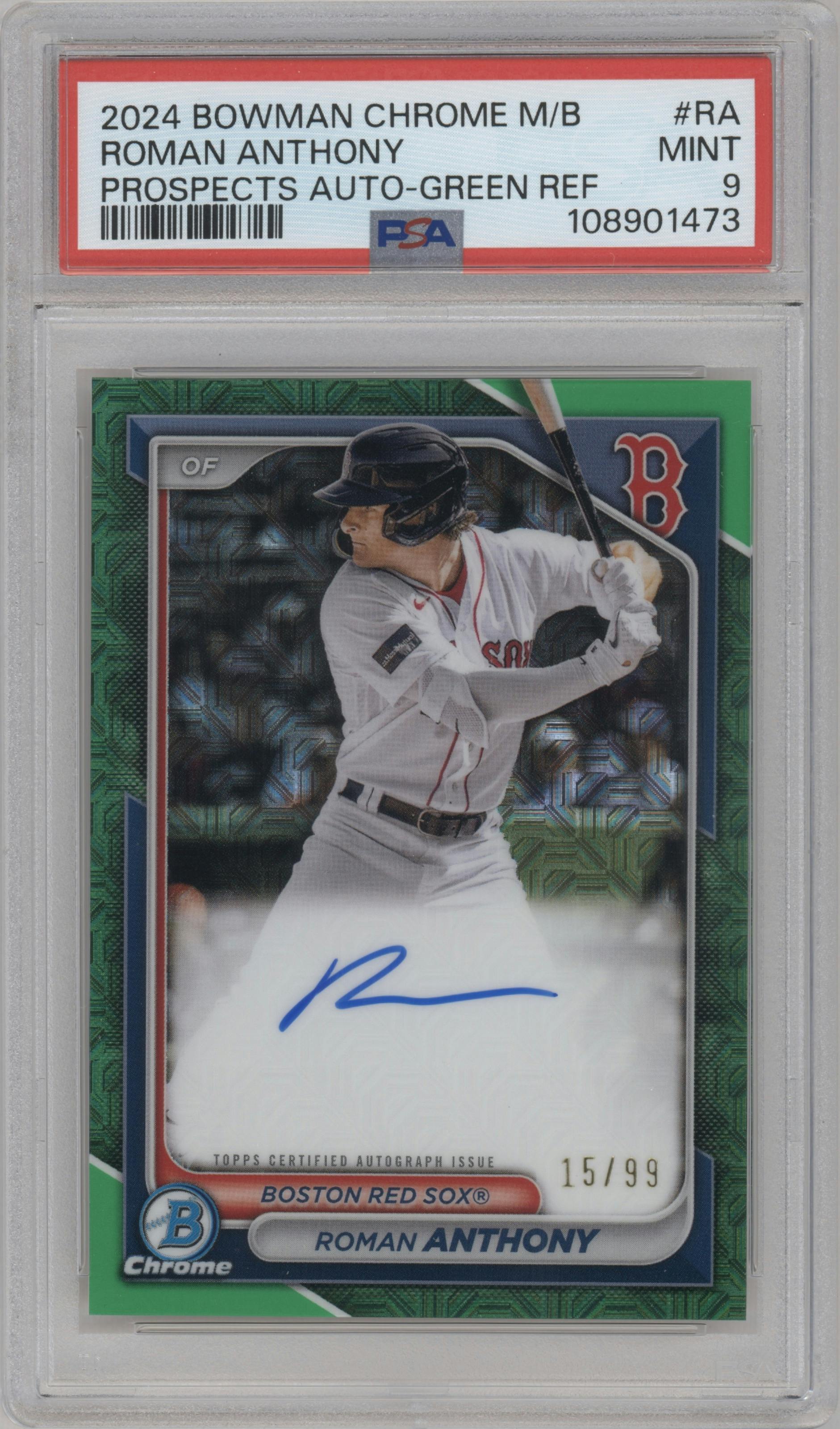 Roman Anthony from the 2024 Bowman Chrome Mega Box set featuring a Green Refractor parallel graded by PSA and given an overall grade of 9.