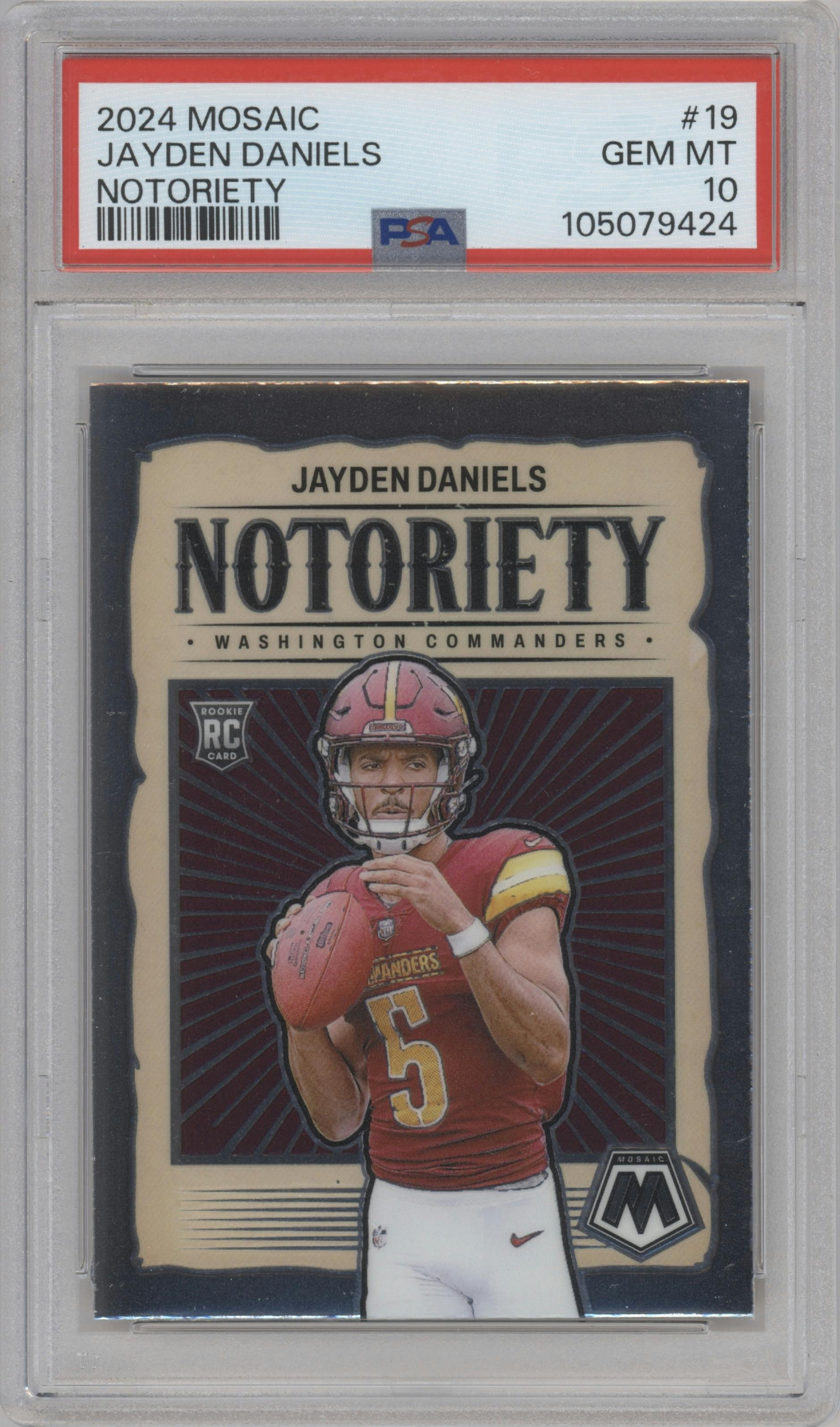 Jayden Daniels from the 2024 Panini Mosaic set graded by PSA and given an overall grade of 10.