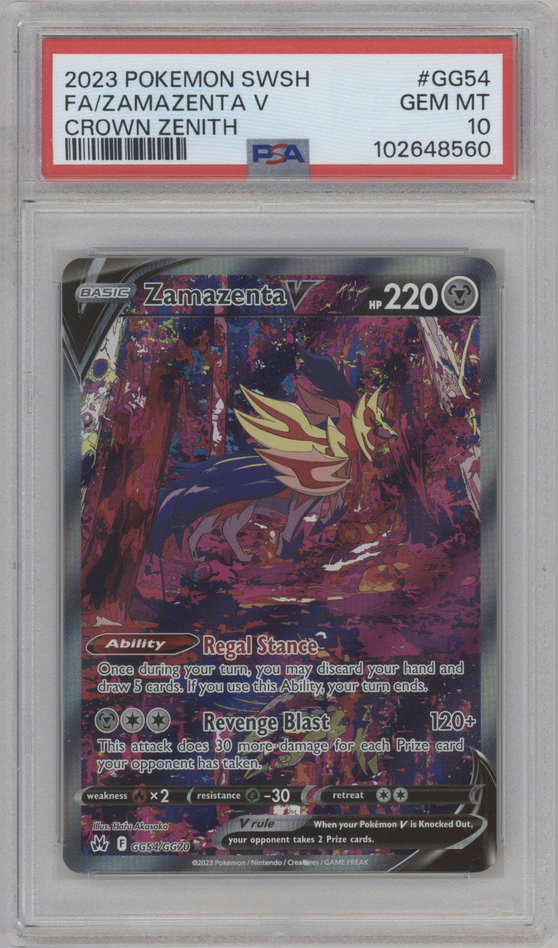Zamazenta V from the 2023 Pokemon SWSH set graded by PSA and given an overall grade of 10.