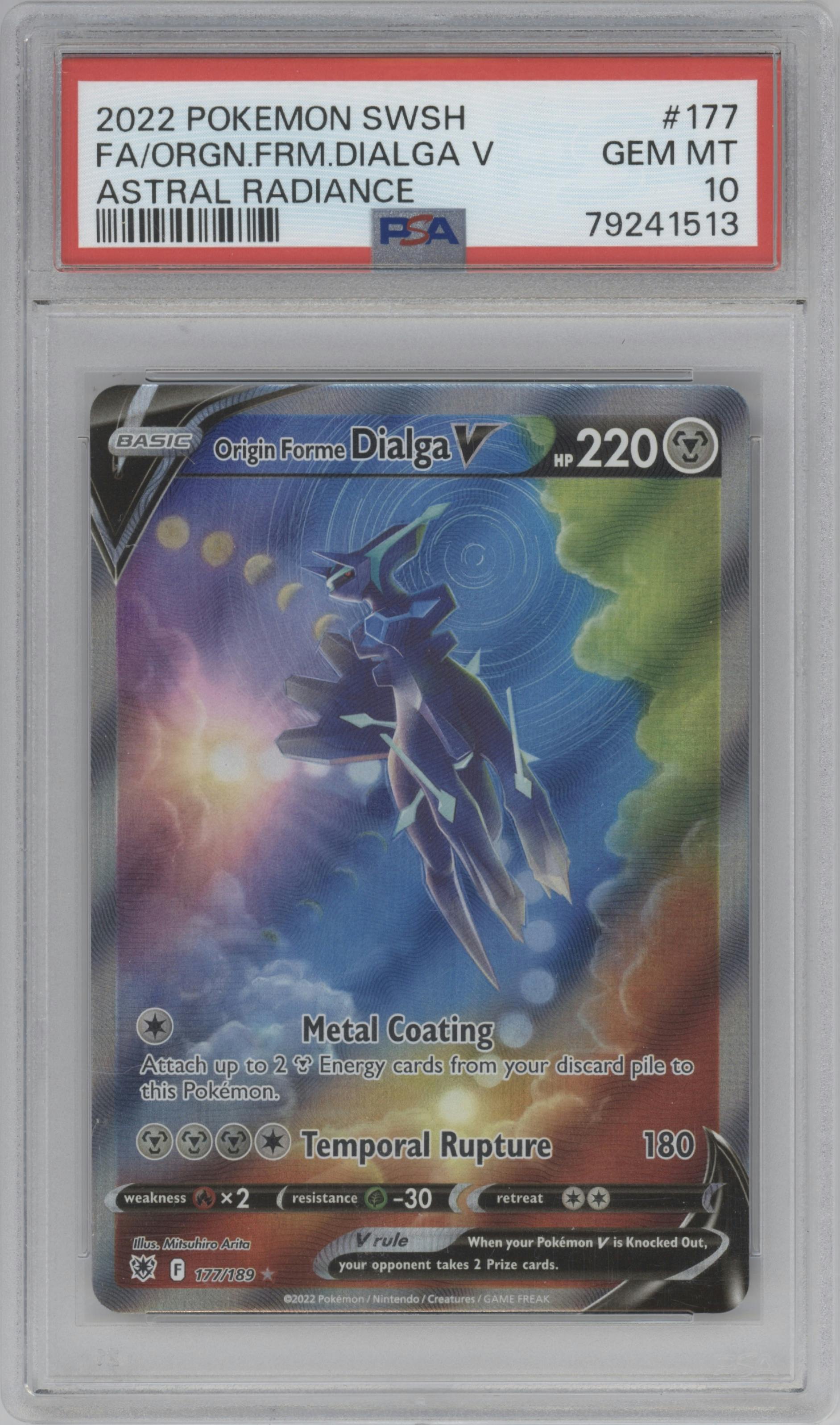 Origin Forme Dialga V from the 2022 Pokemon SWSH set graded by PSA and given an overall grade of 10.