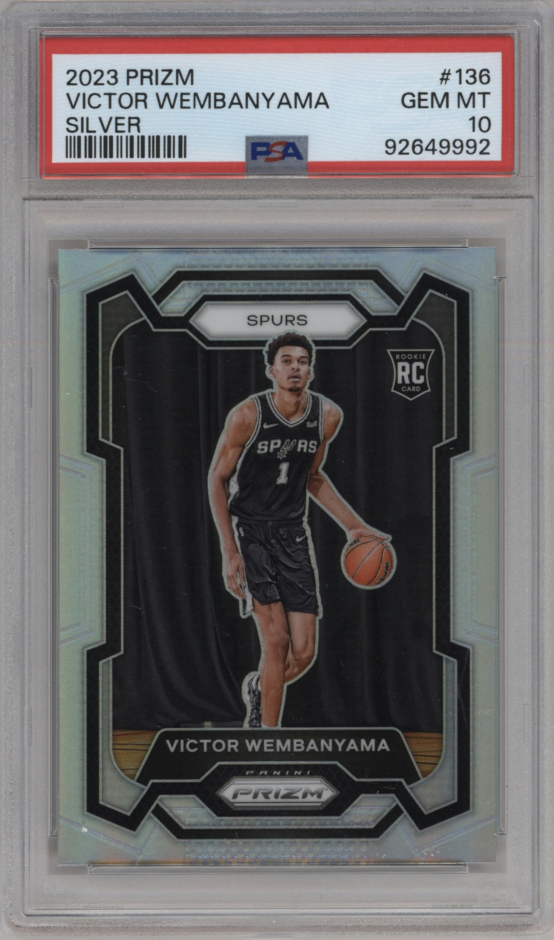 Victor Wembanyama from the 2023-24 Panini Prizm set featuring a Silver Prizm  parallel graded by PSA and given an overall grade of 10.