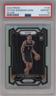 Victor Wembanyama from the 2023-24 Panini Prizm set featuring a Silver Prizm parallel graded by PSA and given an overall grade of 10.