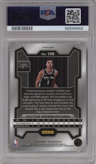 Victor Wembanyama from the 2023-24 Panini Prizm set featuring a Silver Prizm  parallel graded by PSA and given an overall grade of 10.