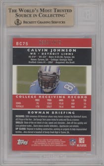 Calvin Johnson from the 2007 Bowman Chrome set featuring a Uncirculated parallel graded by Beckett and given an overall grade of 9.5.