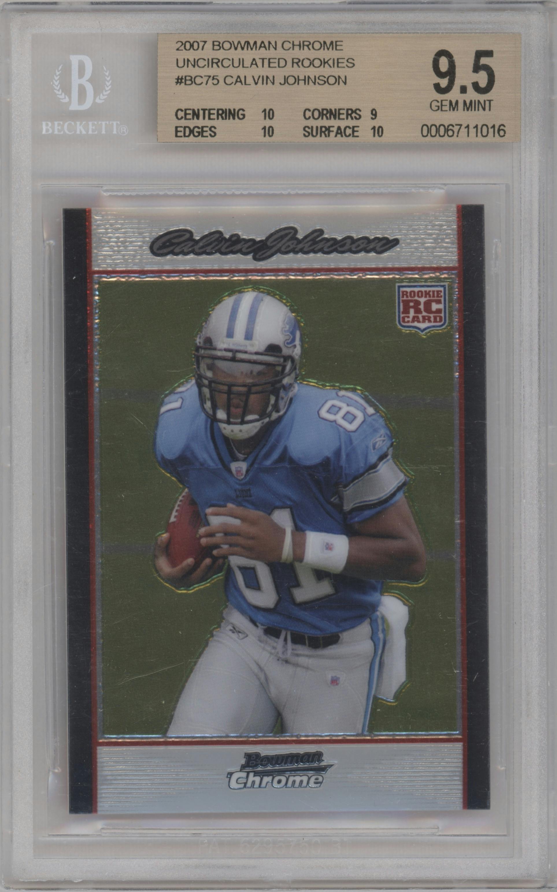 Calvin Johnson from the 2007 Bowman Chrome set featuring a Uncirculated parallel graded by Beckett and given an overall grade of 9.5.