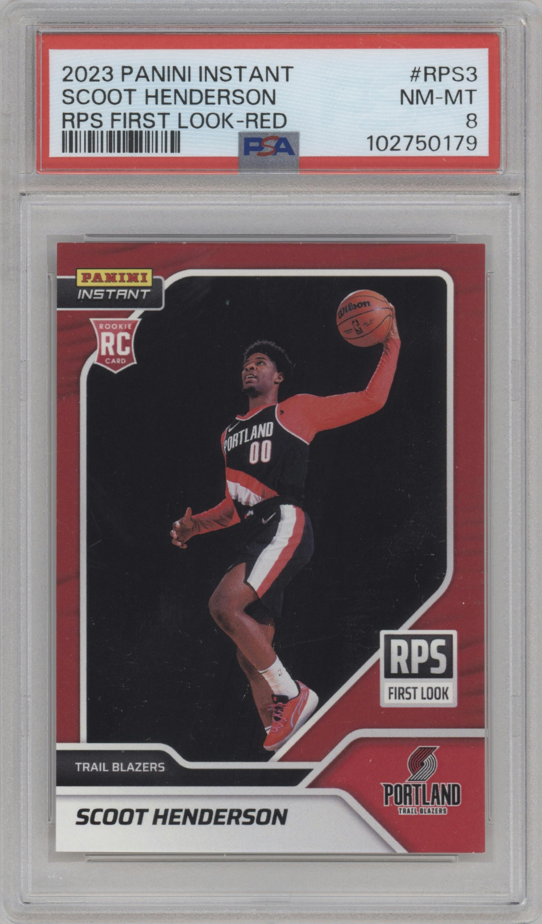 Scoot Henderson from the 2023-24 Panini Instant RPS First Look set featuring a Red parallel graded by PSA and given an overall grade of 8.