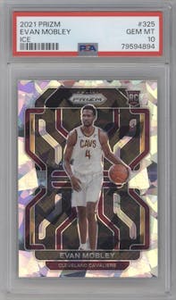 Evan Mobley from the 2021-22 Panini Prizm  set featuring a Ice Prizm parallel graded by PSA and given an overall grade of 10.