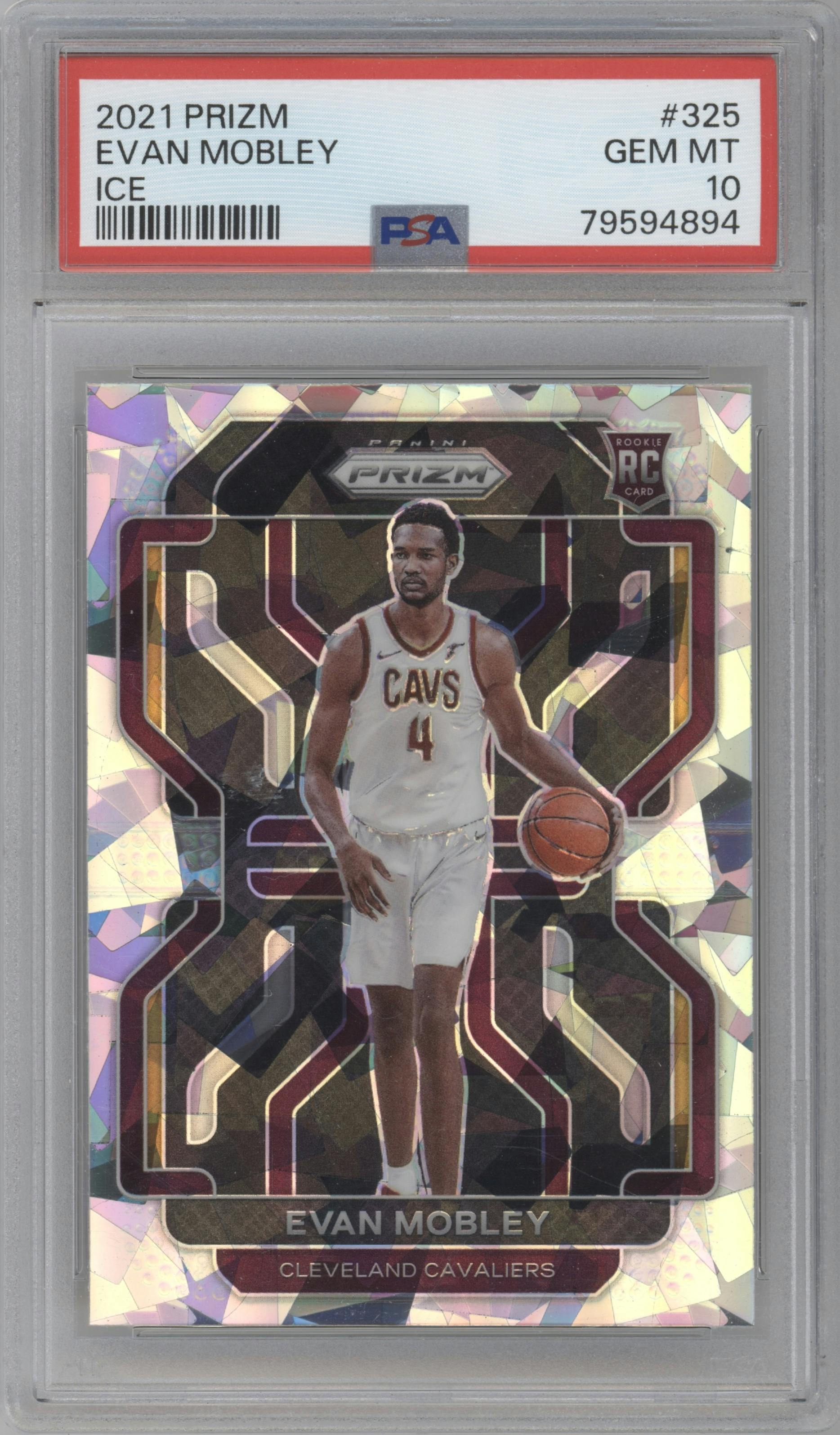 Evan Mobley from the 2021-22 Panini Prizm  set featuring a Ice Prizm parallel graded by PSA and given an overall grade of 10.