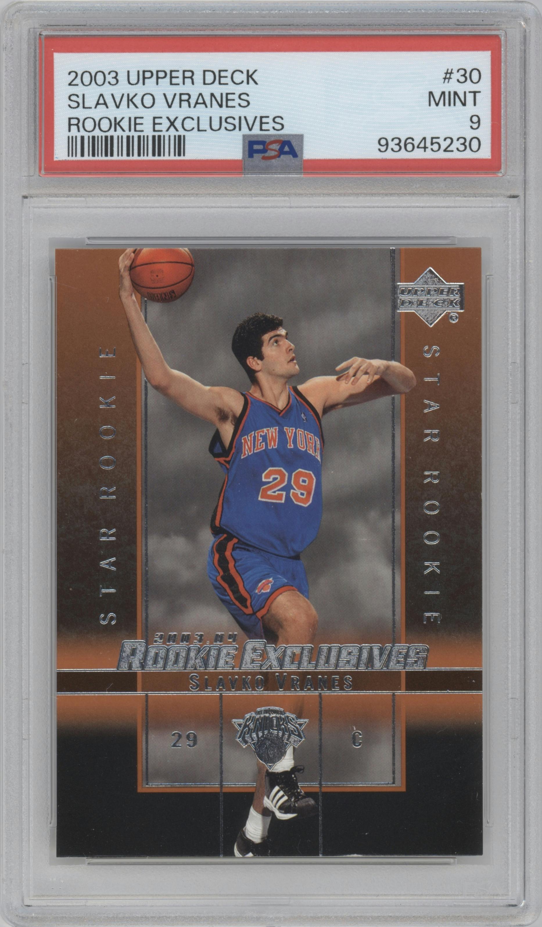 Slavko Vranes from the 2003-04 Upper Deck Rookie Exclusives set graded by PSA and given an overall grade of 9.
