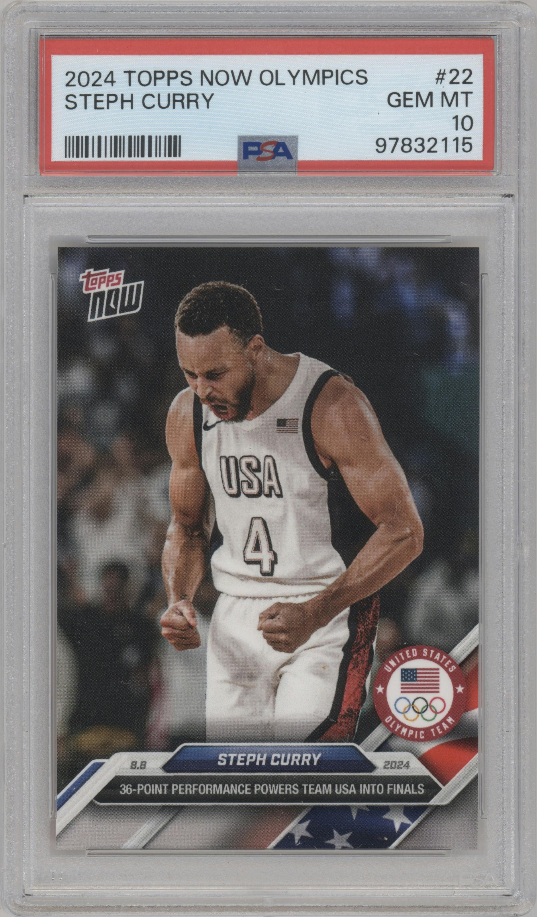 Steph Curry from the 2024 Topps Now Olympics set graded by PSA and given an overall grade of 10.