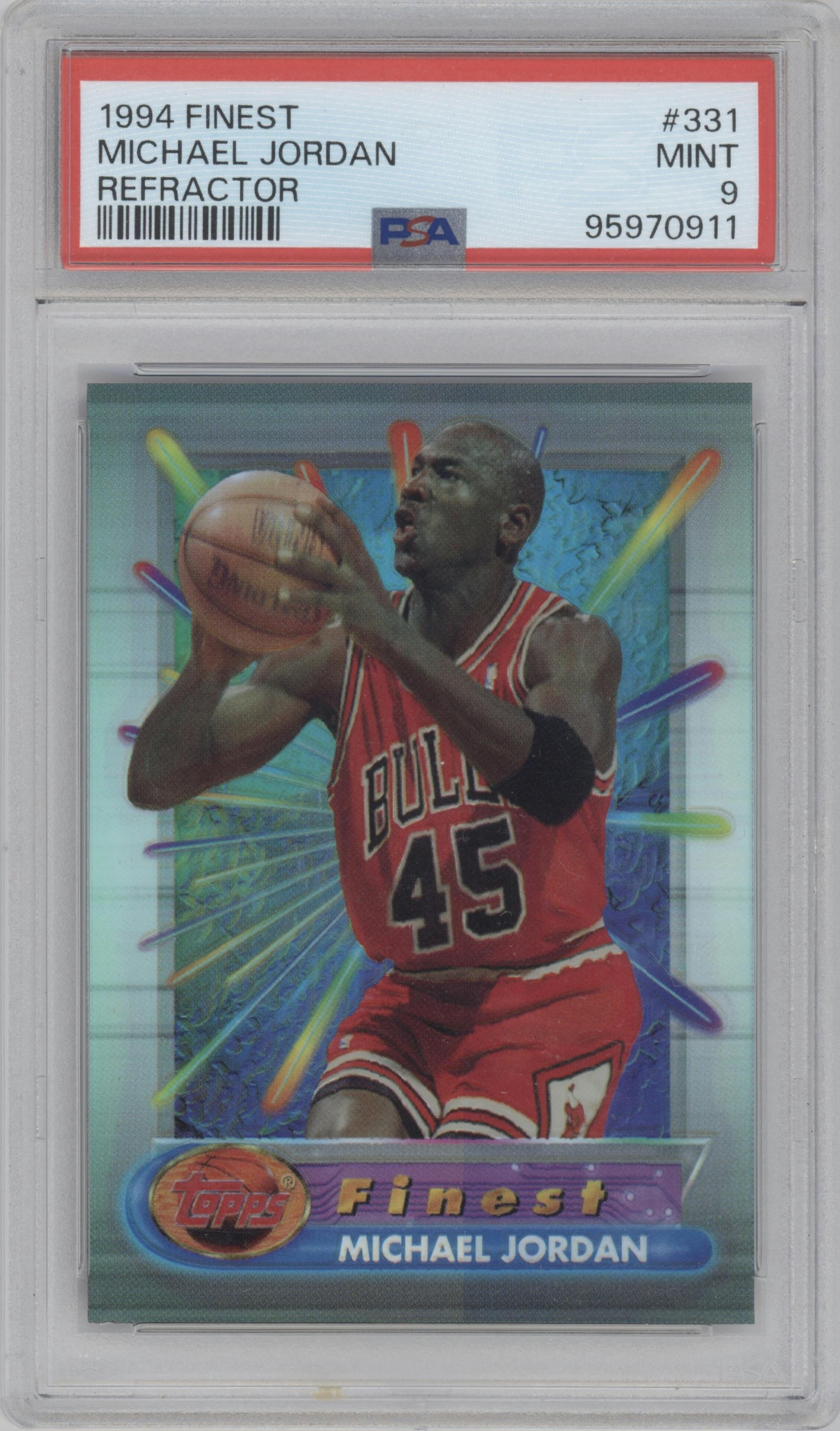 Michael Jordan from the 1994-95 Topps Finest  set featuring a Refractor parallel graded by PSA and given an overall grade of 9.