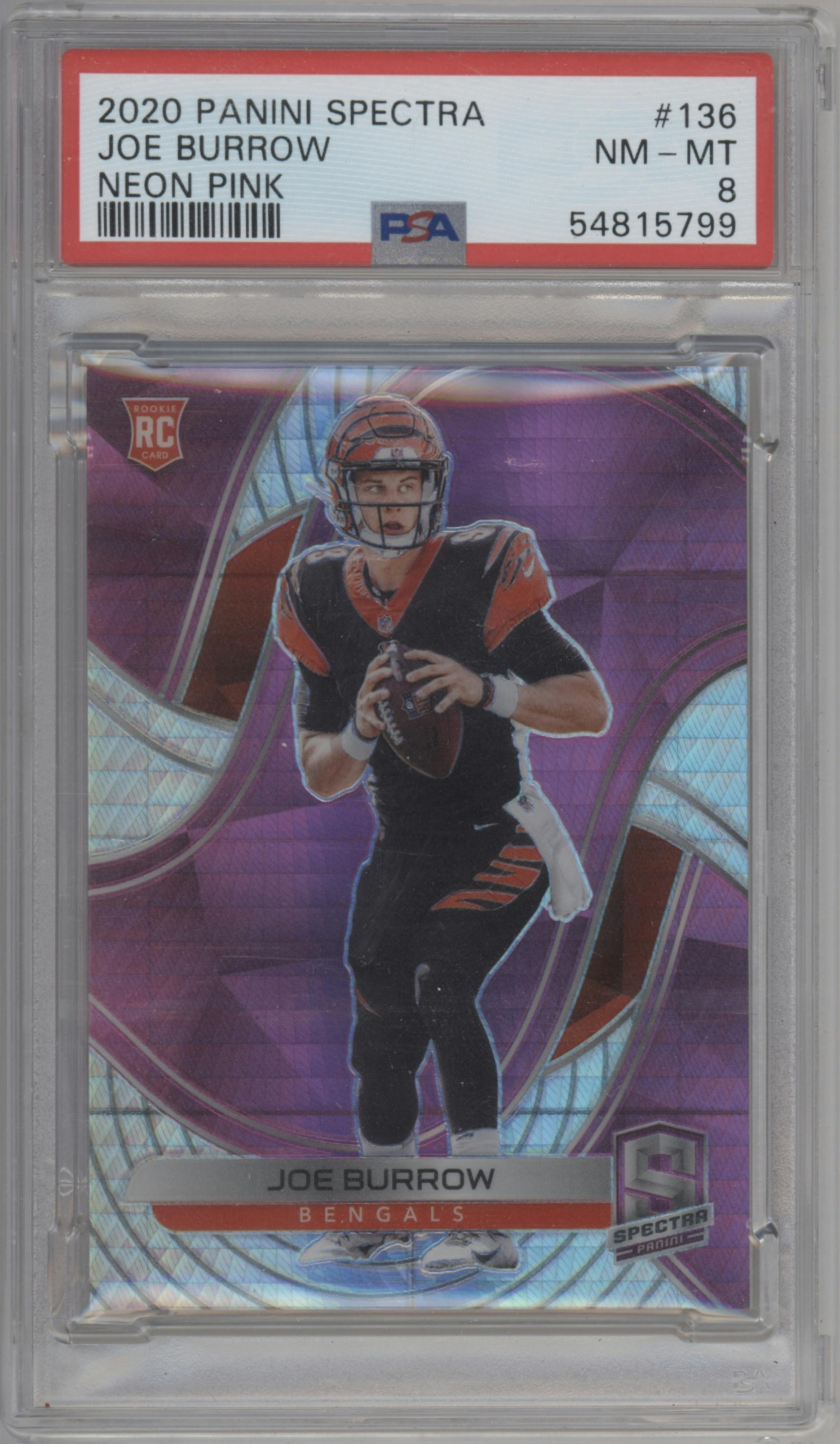 Joe Burrow from the 2020 Panini Spectra set featuring a Neon Pink parallel graded by PSA and given an overall grade of 8.