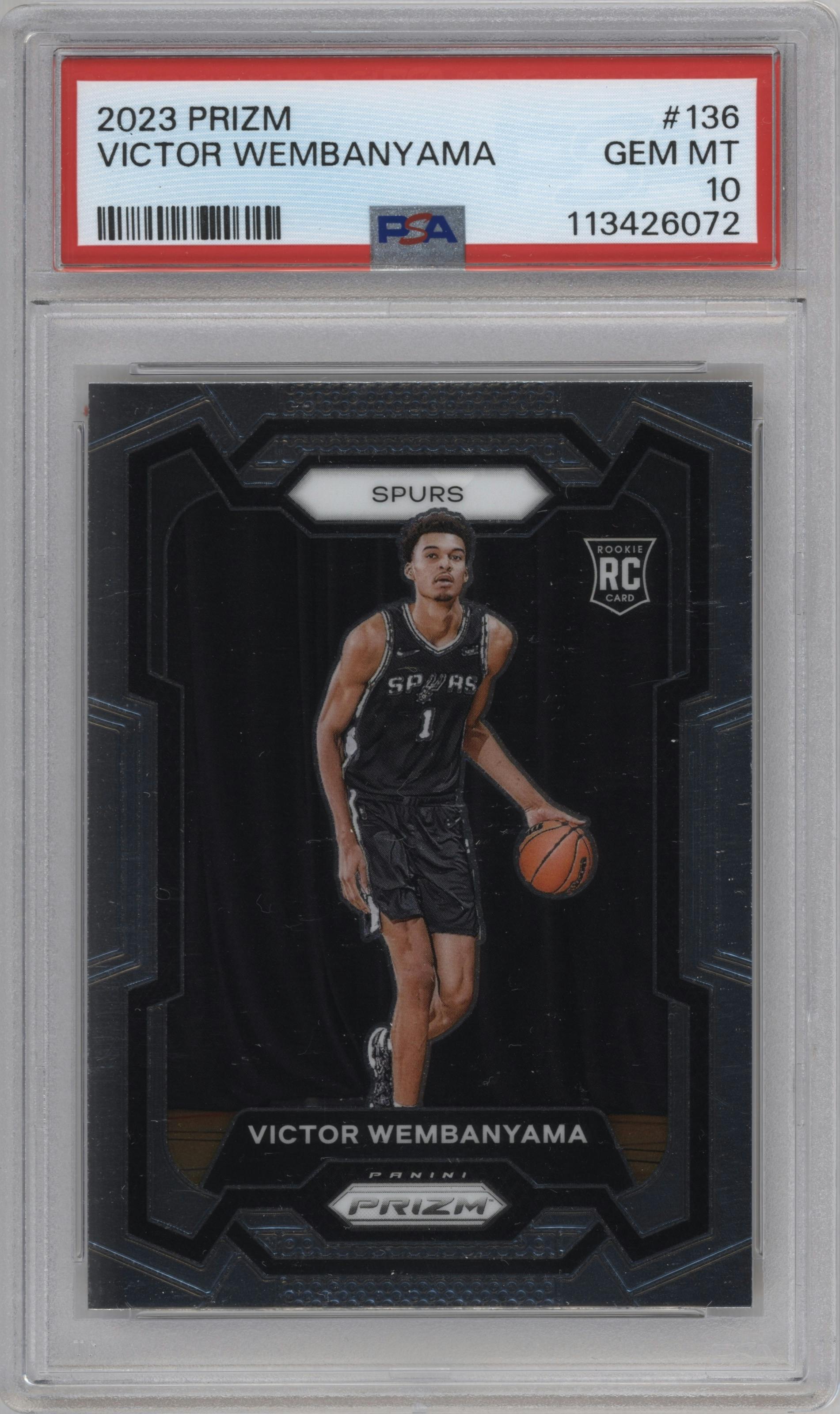 Victor Wembanyama from the 2023-24 Panini Prizm set graded by PSA and given an overall grade of 10.