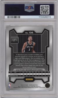 Victor Wembanyama from the 2023-24 Panini Prizm set graded by PSA and given an overall grade of 10.