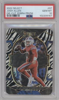 Josh Allen from the 2022 Panini Select set featuring a Die-Cut Zebra parallel graded by PSA and given an overall grade of 10.