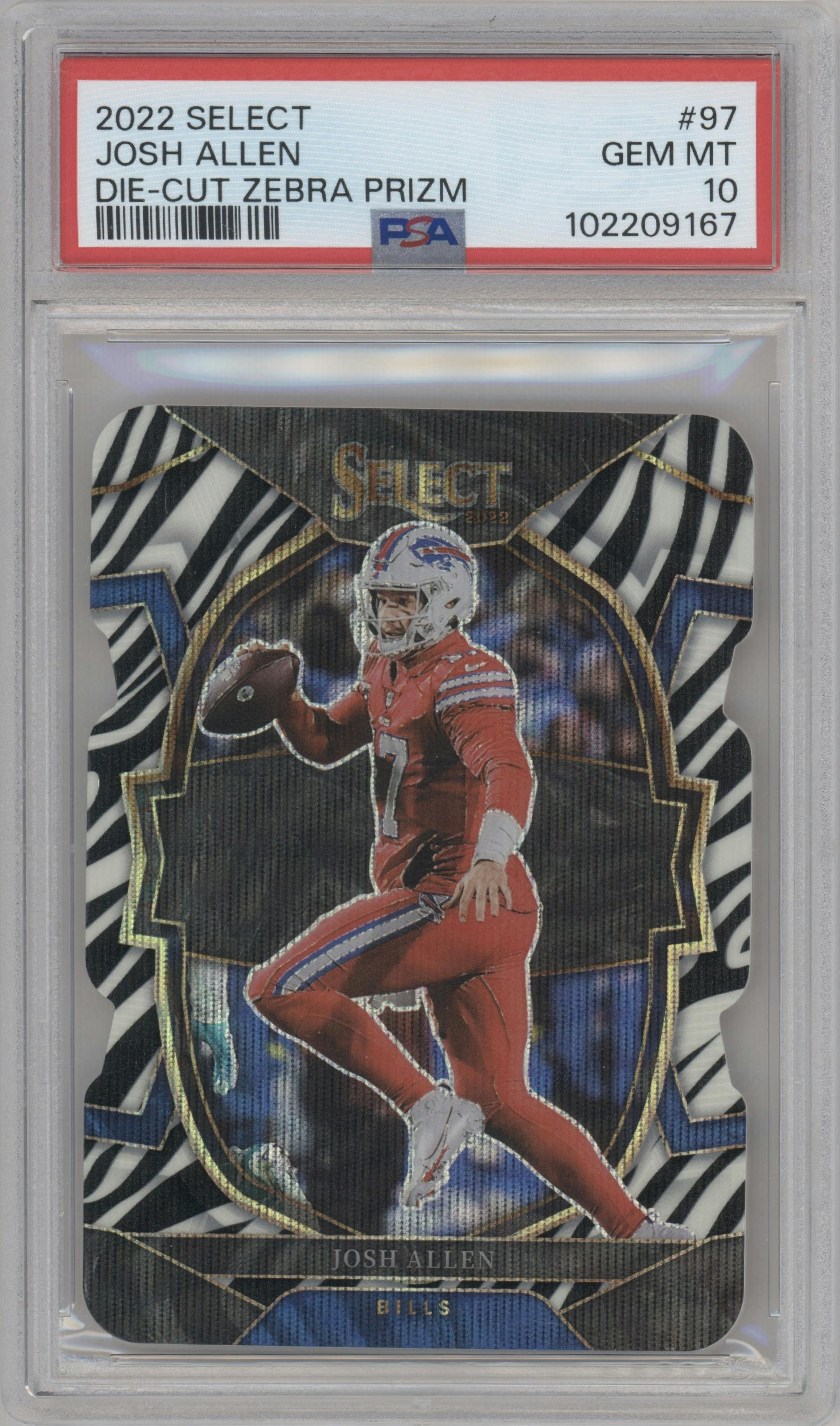 Josh Allen from the 2022 Panini Select set featuring a Die-Cut Zebra parallel graded by PSA and given an overall grade of 10.