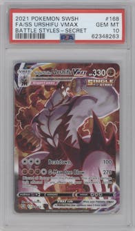 Single Strike Urshifu VMAX from the 2021 Pokemon SWSH set graded by PSA and given an overall grade of 10.