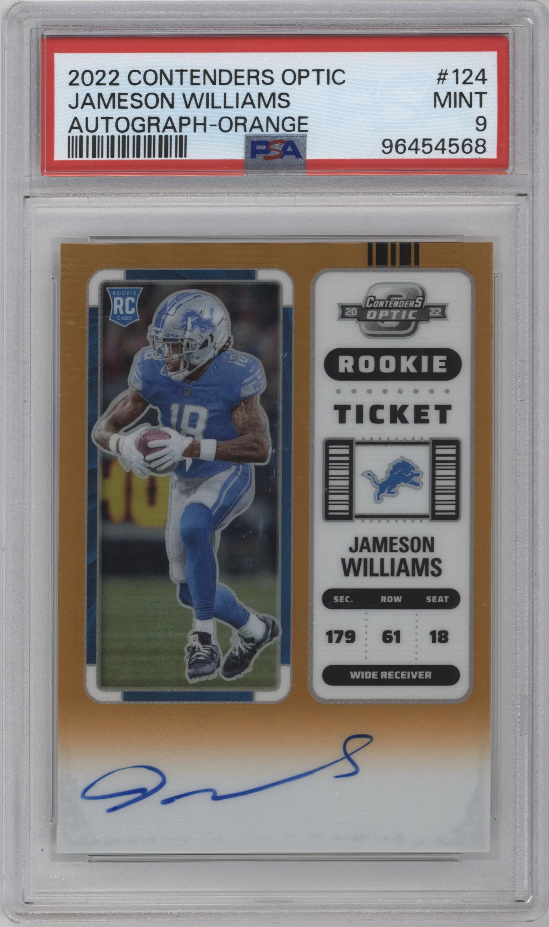 2022 Panini Contenders Optic Rke.Tkt.RPS Auto Jameson Williams Orange PSA 9