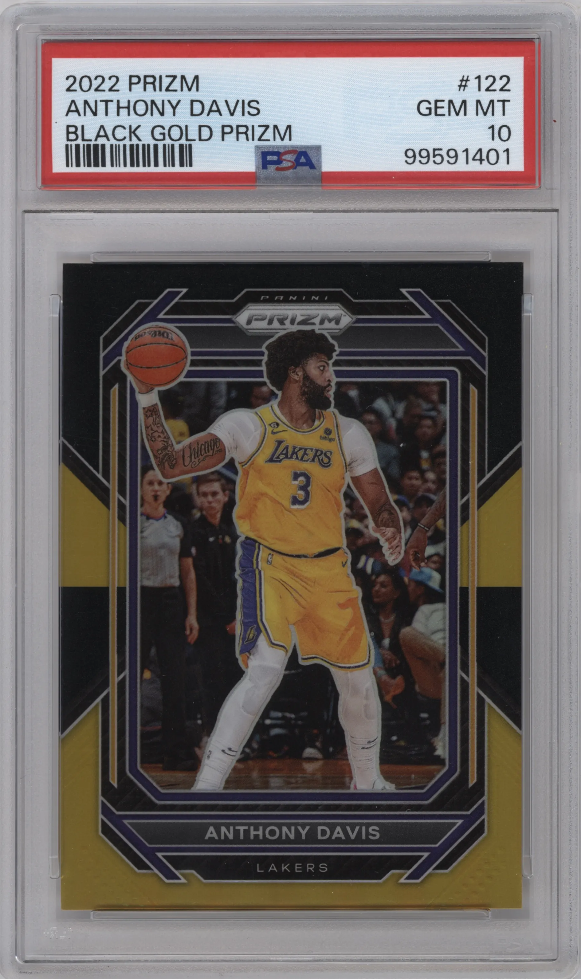 Anthony Davis  from the 2022-23 Panini Prizm  set featuring a Black Gold parallel graded by PSA and given an overall grade of 10.