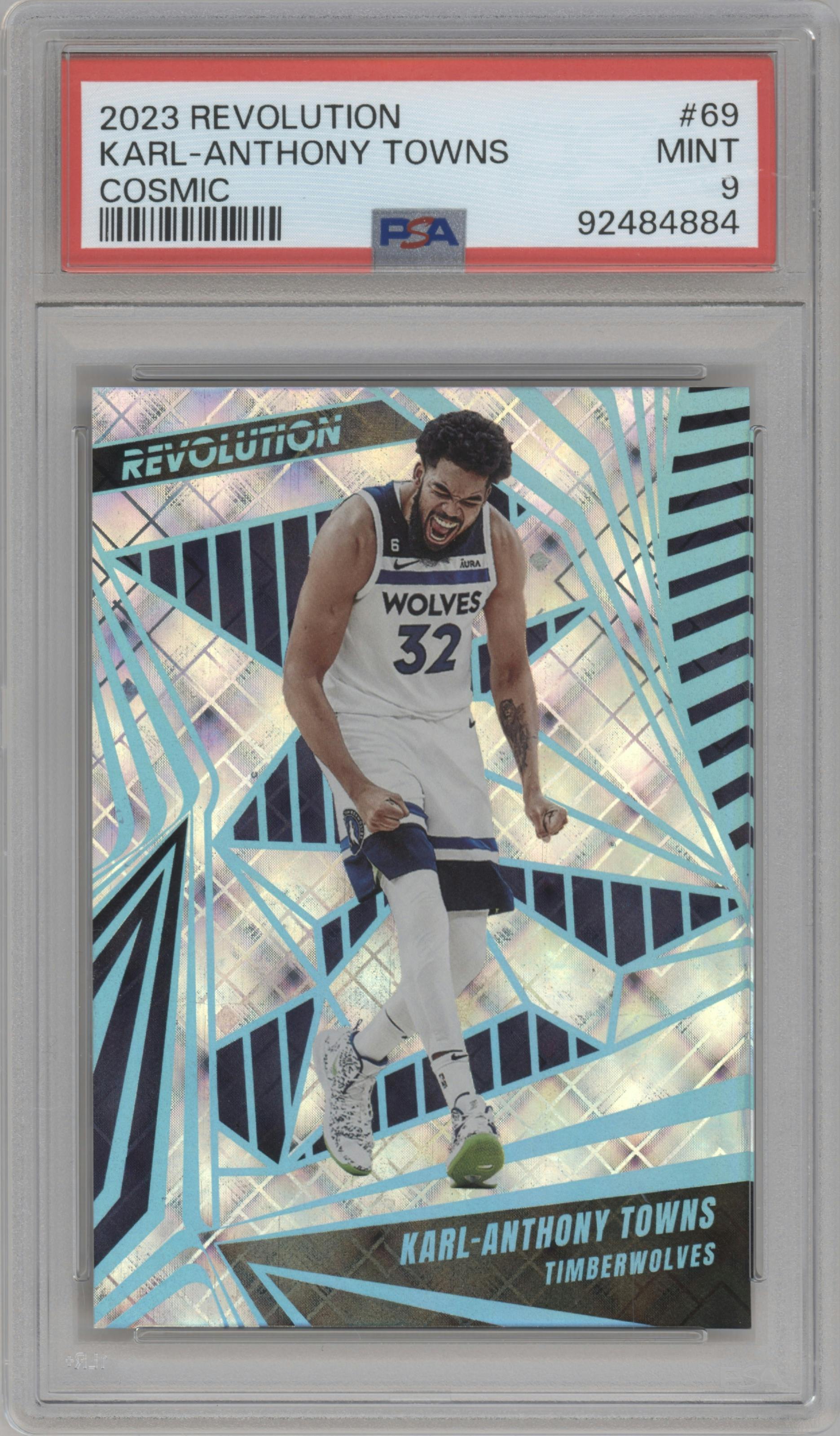 Karl-Anthony Towns from the 2023-24 Panini Revolution set featuring a Cosmic parallel graded by PSA and given an overall grade of 9.