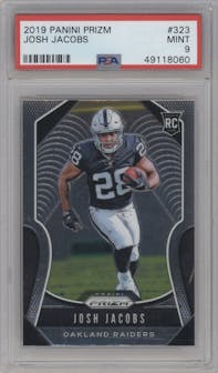 Josh Jacobs from the 2019 Panini Prizm set graded by PSA and given an overall grade of 9.