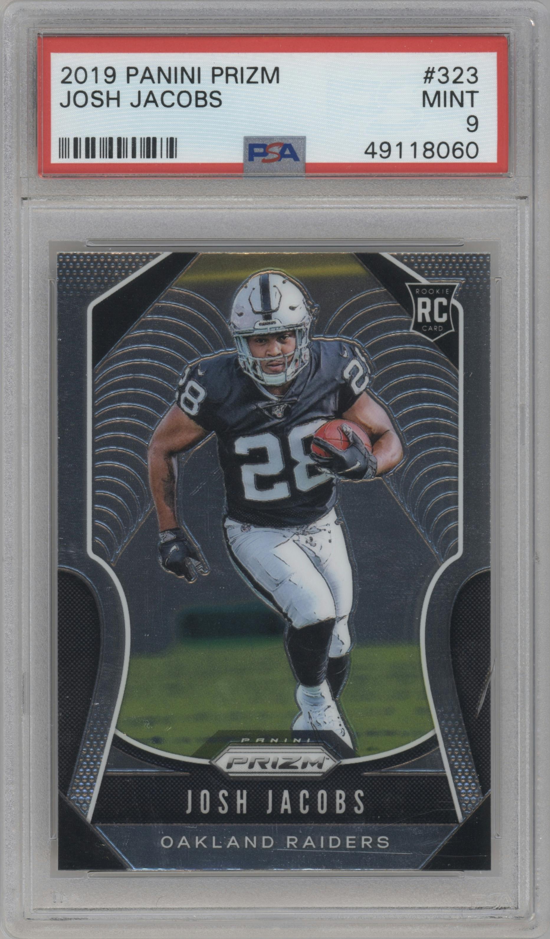 Josh Jacobs from the 2019 Panini Prizm set graded by PSA and given an overall grade of 9.