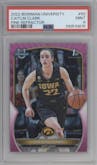 Caitlin Clark from the 2022-23 Bowman University Chrome set featuring a Pink Refractor parallel graded by PSA and given an overall grade of 9.